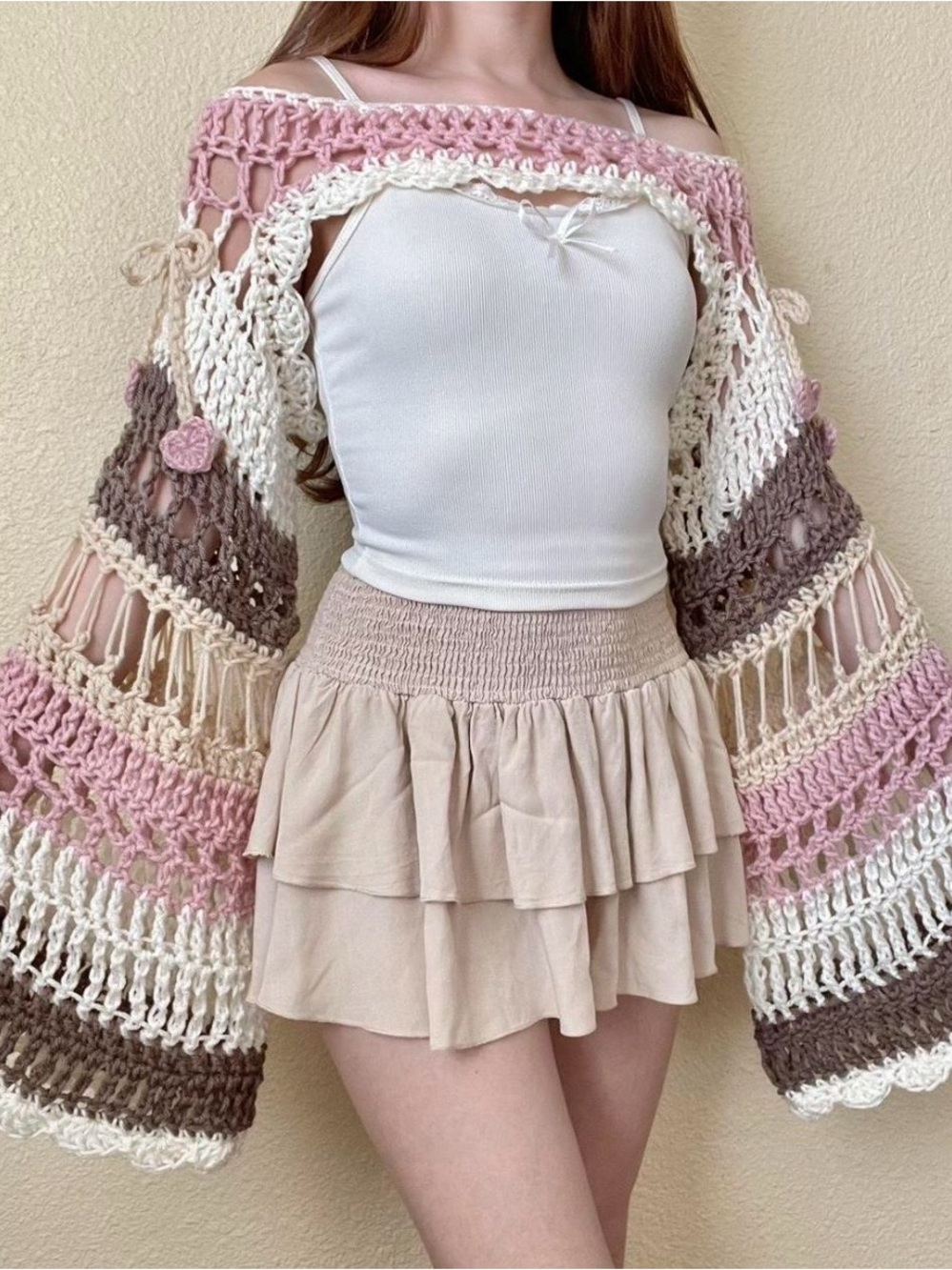Handmade crochet balletcore bolero shrug pink brown bow and hearts coquette Sz L